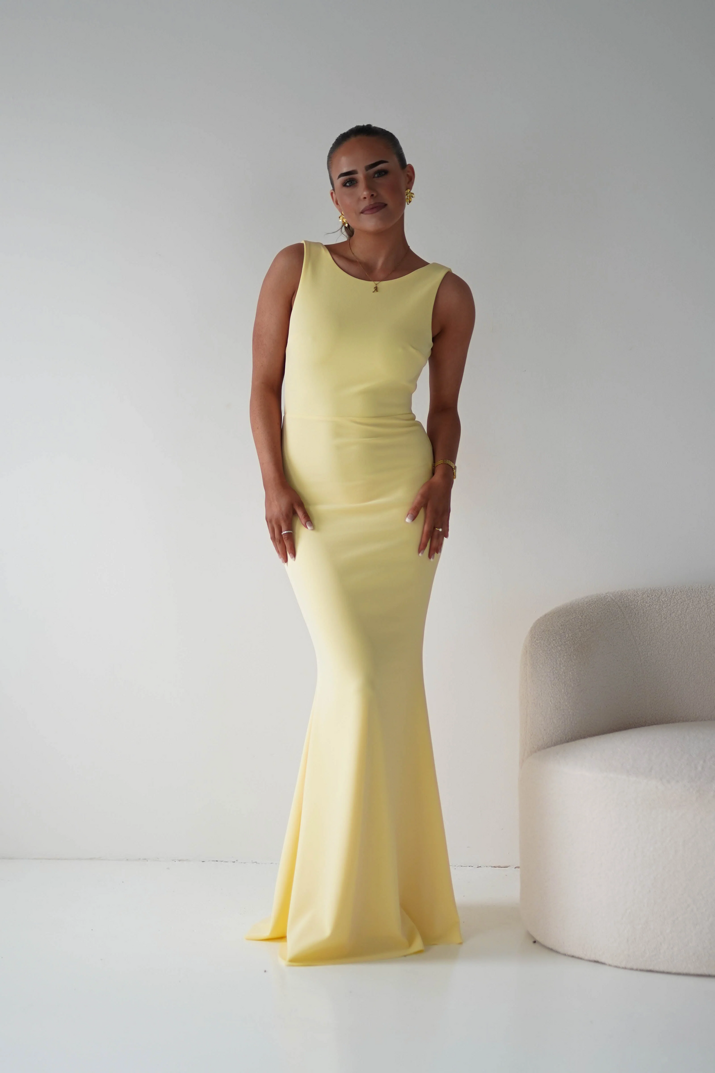 Bright Yellow Mermaid Prom Dress with Scoop Neckline and Dramatic Back Bow