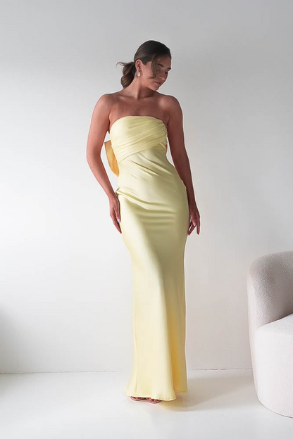 Bright Yellow Strapless Mermaid Prom Dress with Dramatic Back Bow