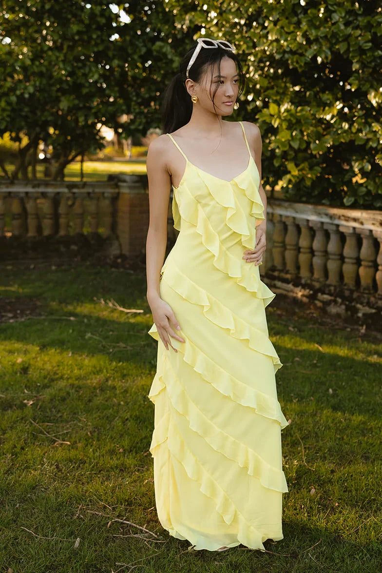 Bright Chiffon A-Line V-Neck Spaghetti Strap Low Open Back Ruffled Maxi Evening Dresses