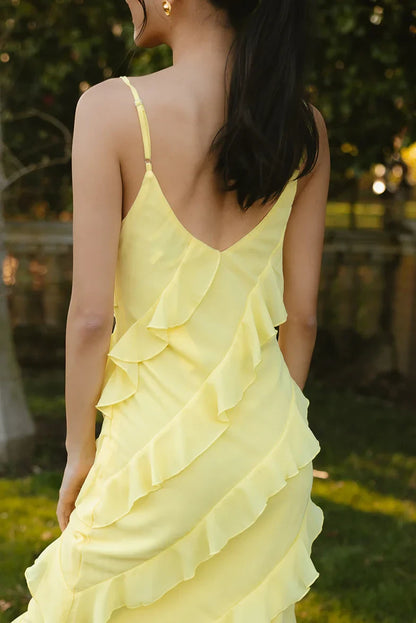 Bright Chiffon A-Line V-Neck Spaghetti Strap Low Open Back Ruffled Maxi Evening Dresses