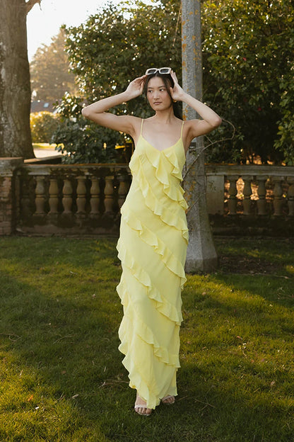 Bright Chiffon A-Line V-Neck Spaghetti Strap Low Open Back Ruffled Maxi Evening Dresses