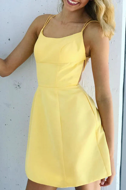 Bright Satin A-Line Scoop Neck Spaghetti Strap Criss-Cross Lace-Up Back Short Homecoming Dresses