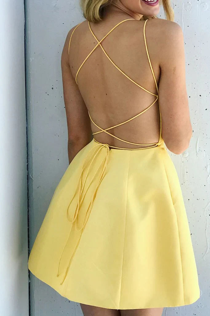 Bright Satin A-Line Scoop Neck Spaghetti Strap Criss-Cross Lace-Up Back Short Homecoming Dresses
