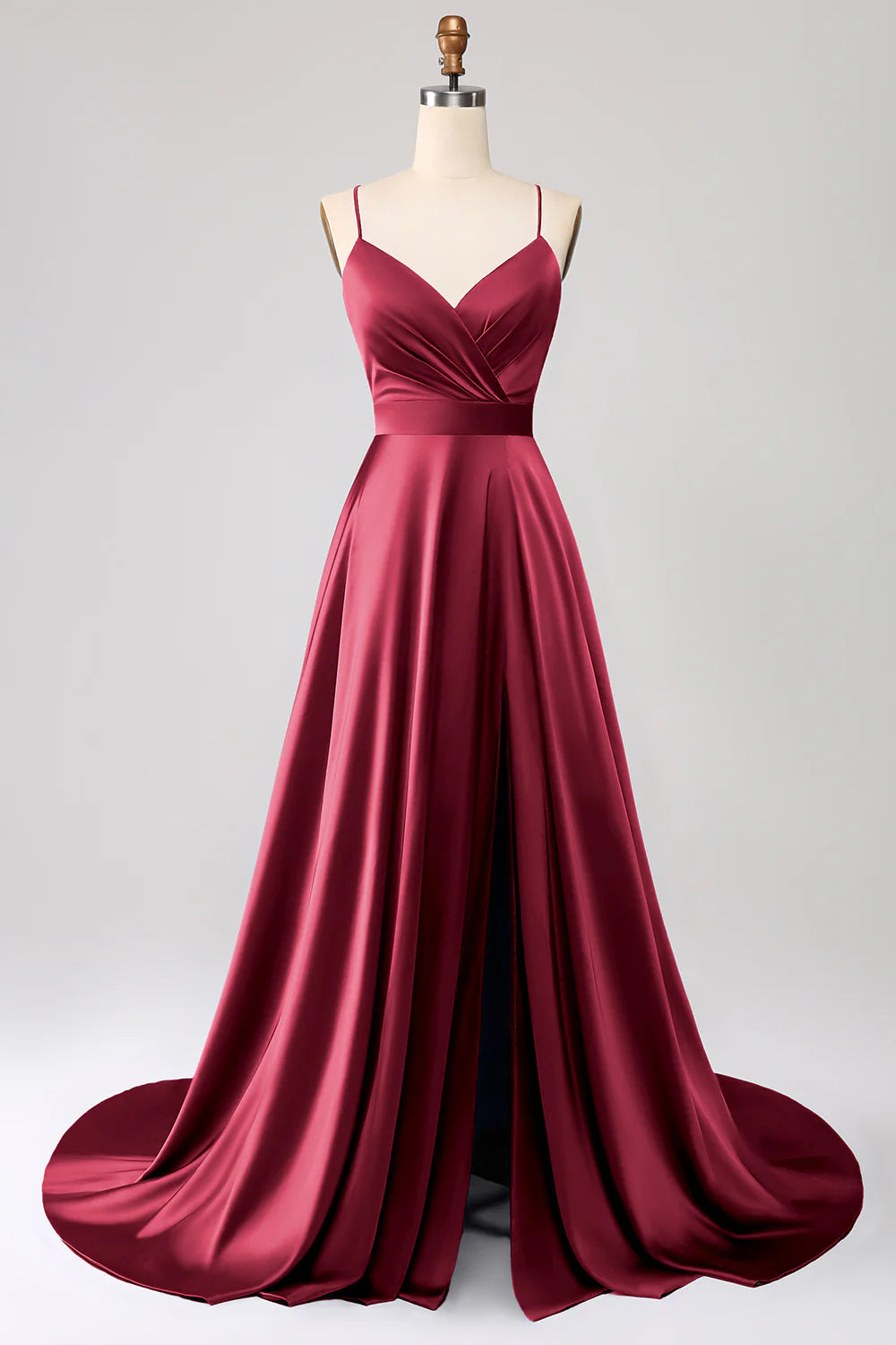 Royal blue A-line thin shoulder strap slit satin prom dress