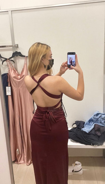 Sultry Satin Mermaid Halter V-Neck Ruched Crisscross-Back Burgundy Floor-Length Prom Dress