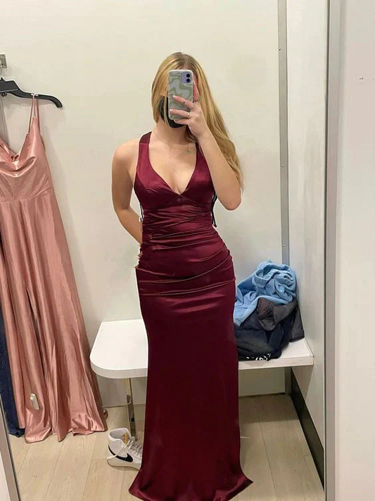 Burgundy Satin Halter V-Neck Crisscross-Back Ruched Mermaid Floor-Length Prom Dresses