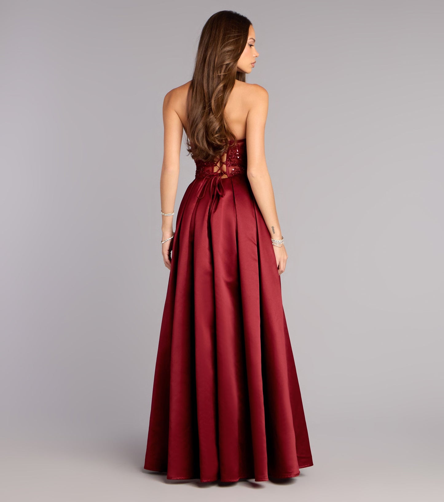 Glamorous Sequin Lace Strapless Corset Overskirt Burgundy Floor Length Evening Dress