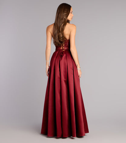 Glamorous Sequin Lace Strapless Corset Overskirt Burgundy Floor Length Evening Dress
