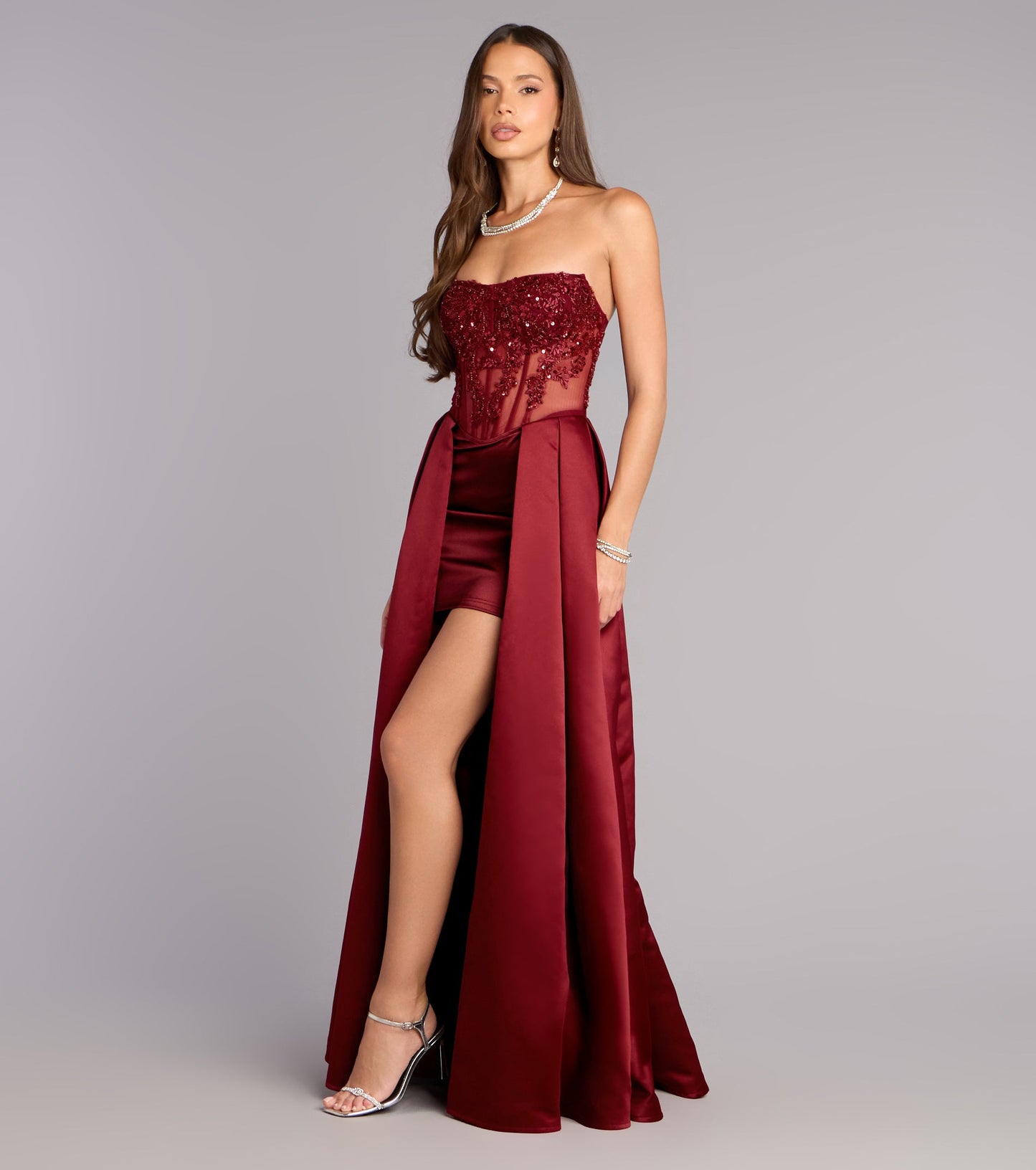 Glamorous Sequin Lace Strapless Corset Overskirt Burgundy Floor Length Evening Dress