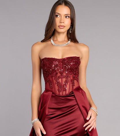 Glamorous Sequin Lace Strapless Corset Overskirt Burgundy Floor Length Evening Dress