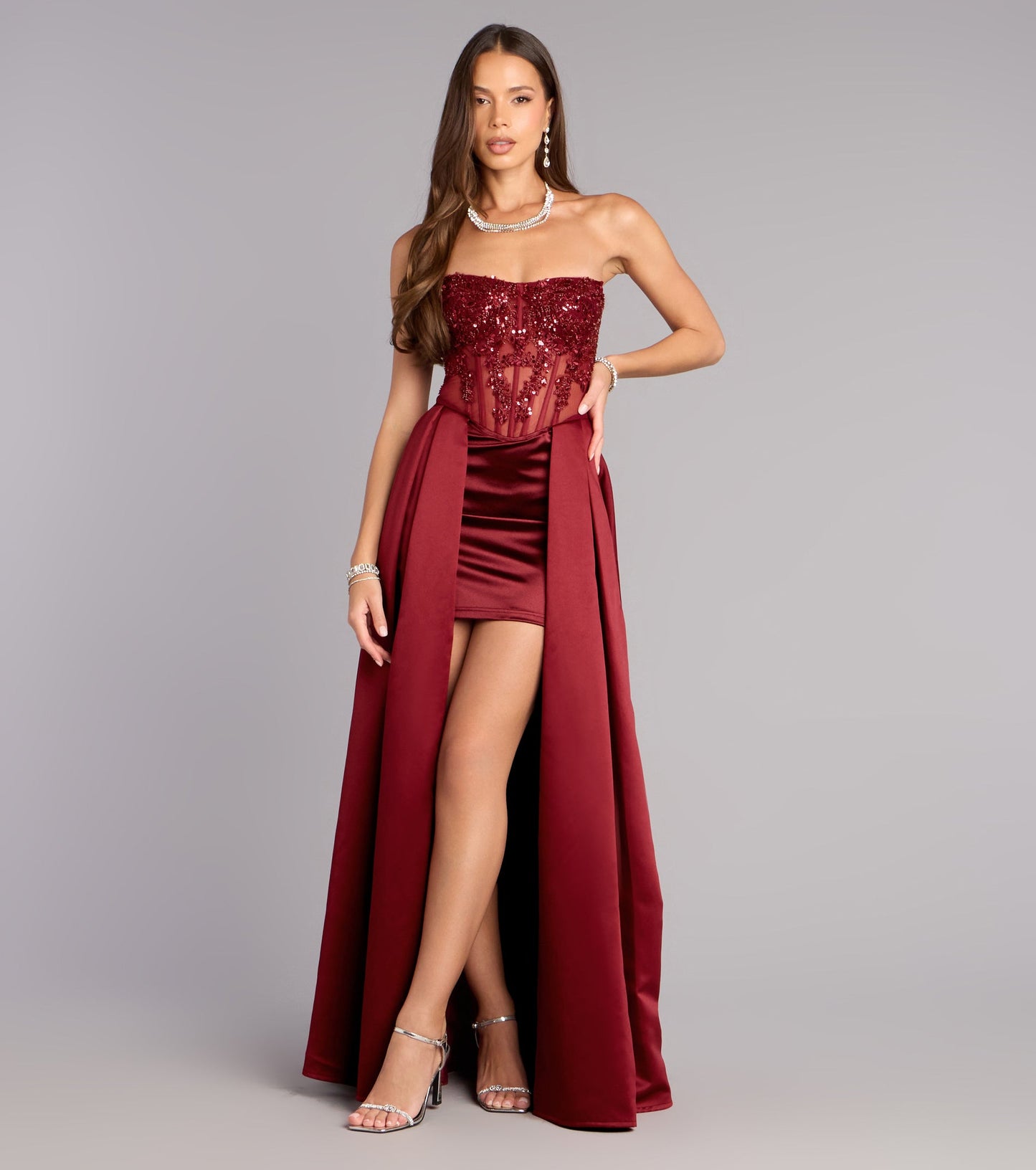 Glamorous Sequin Lace Strapless Corset Overskirt Burgundy Floor Length Evening Dress