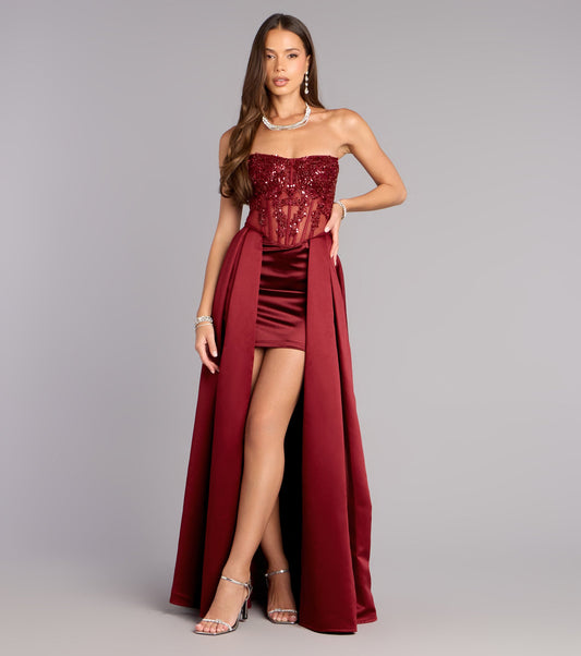 Burgundy Strapless Sequin Lace Corset Overskirt High Slit Floor Length Evening Dresses