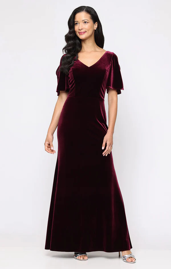 Burgundy Velvet Cold Shoulder Flutter Sleeve V-Neck Mermaid Floor Length Mother of the Bride Dresses