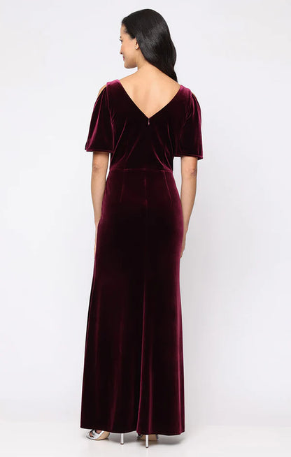 Burgundy Velvet Cold Shoulder Flutter Sleeve V-Neck Mermaid Floor Length Mother of the Bride Dresses