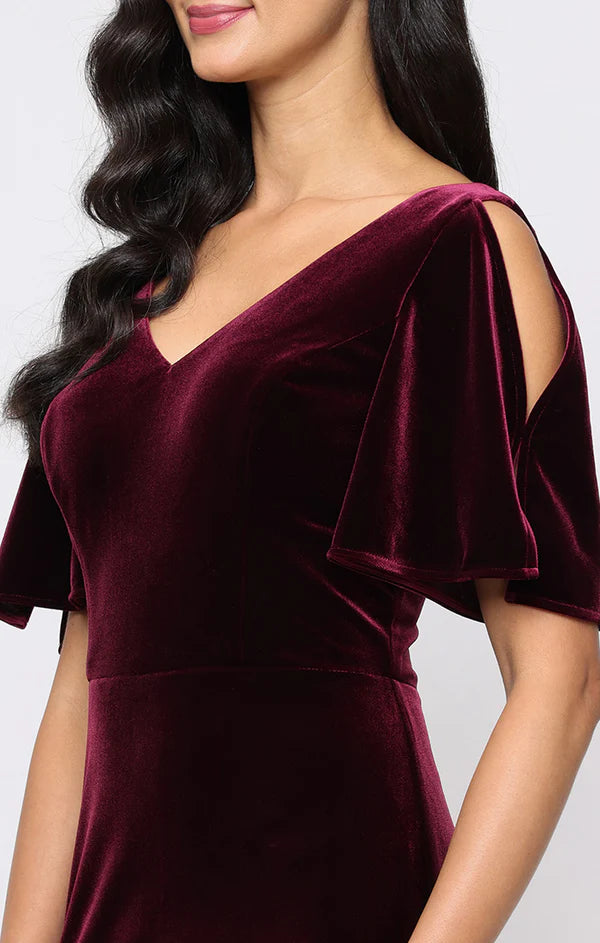 Burgundy Velvet Cold Shoulder Flutter Sleeve V-Neck Mermaid Floor Length Mother of the Bride Dresses