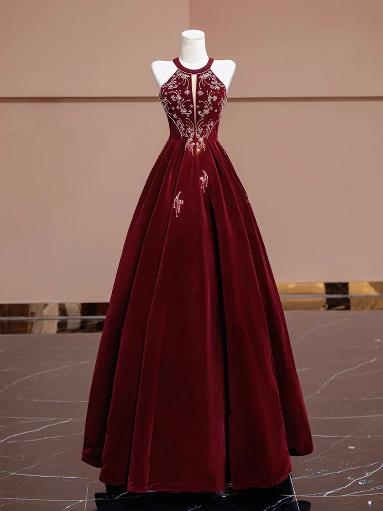 Burgundy Velvet Halter Beaded Lace-Up Back A-Line Prom Dresses