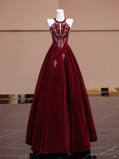 Burgundy Velvet Halter Beaded Lace-Up Back A-Line Prom Dresses
