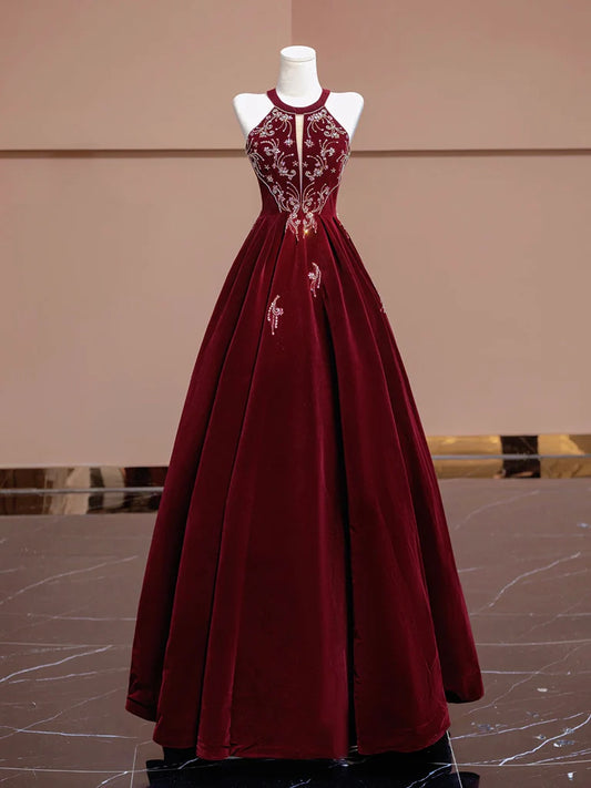 Burgundy Velvet Halter Beaded Lace-Up Back A-Line Prom Dresses