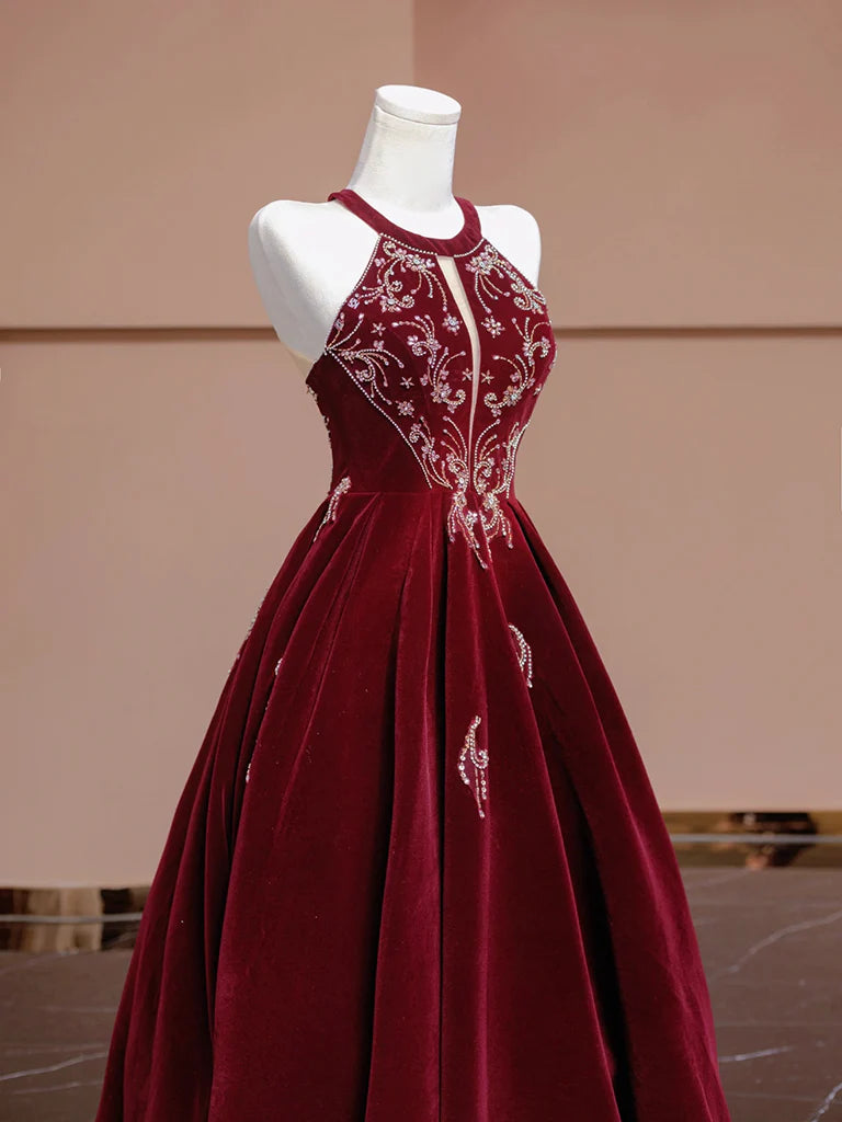 Burgundy Velvet Halter Beaded Lace-Up Back A-Line Prom Dresses