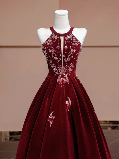 Burgundy Velvet Halter Beaded Lace-Up Back A-Line Prom Dresses