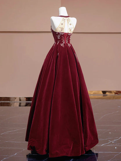 Burgundy Velvet Halter Beaded Lace-Up Back A-Line Prom Dresses