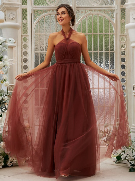 Burgundy A-line Halter Neck Back Bow Floor Length Tulle Bridesmaid Dress