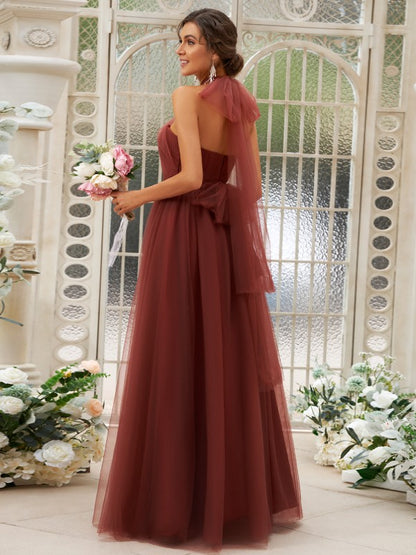 Burgundy A-line Halter Neck Back Bow Floor Length Tulle Bridesmaid Dress