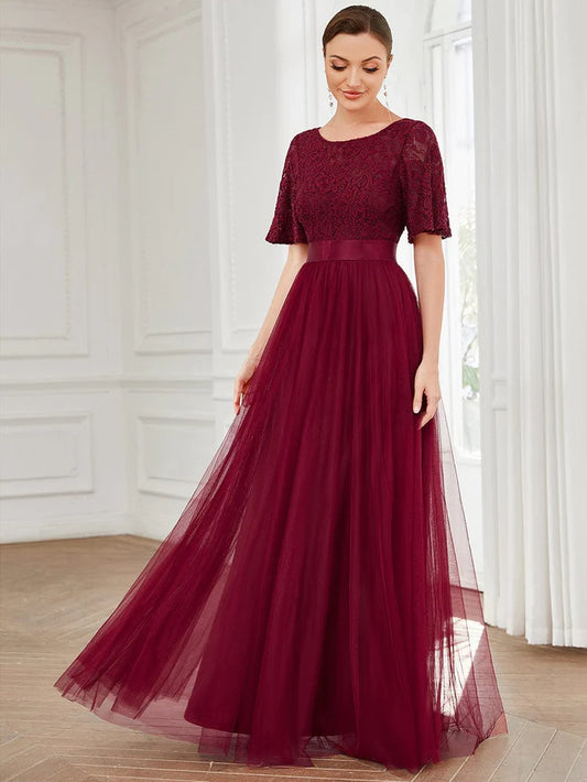Burgundy A-line Round Neck Short Sleeve Lace Bodice Satin Waist Tulle Floor Length Bridesmaid Dress