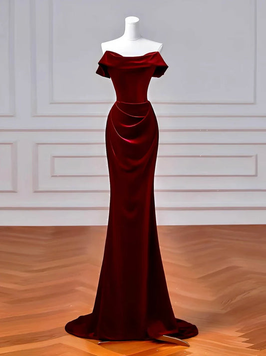 Burgundy Velvet Off-the-Shoulder Mermaid Lace-Up Back Prom Dresses