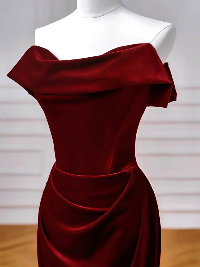 Burgundy Velvet Off-the-Shoulder Mermaid Lace-Up Back Prom Dresses