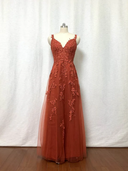 Elegant Tulle A-Line V-Neck Floral-Appliqué Spaghetti-Strap Burnt Orange Floor-Length Prom Dress