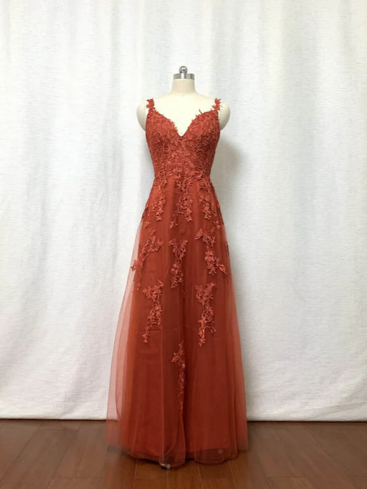 Burnt Orange Tulle Spaghetti-Strap V-Neck Floral-Appliqué A-Line Floor-Length Prom Dresses