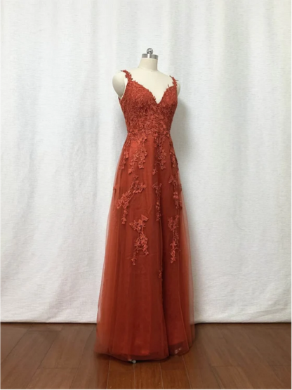 Elegant Tulle A-Line V-Neck Floral-Appliqué Spaghetti-Strap Burnt Orange Floor-Length Prom Dress