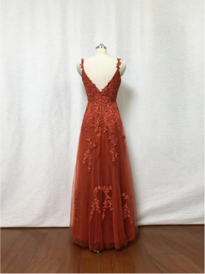Elegant Tulle A-Line V-Neck Floral-Appliqué Spaghetti-Strap Burnt Orange Floor-Length Prom Dress