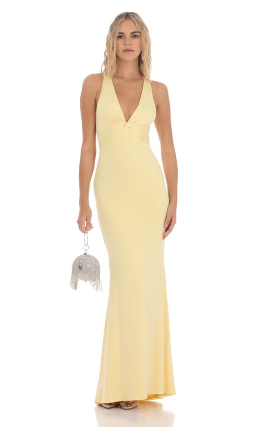 Buttercup Yellow Halter Neck Jersey Evening Dress with Twist Front & Mermaid Hem