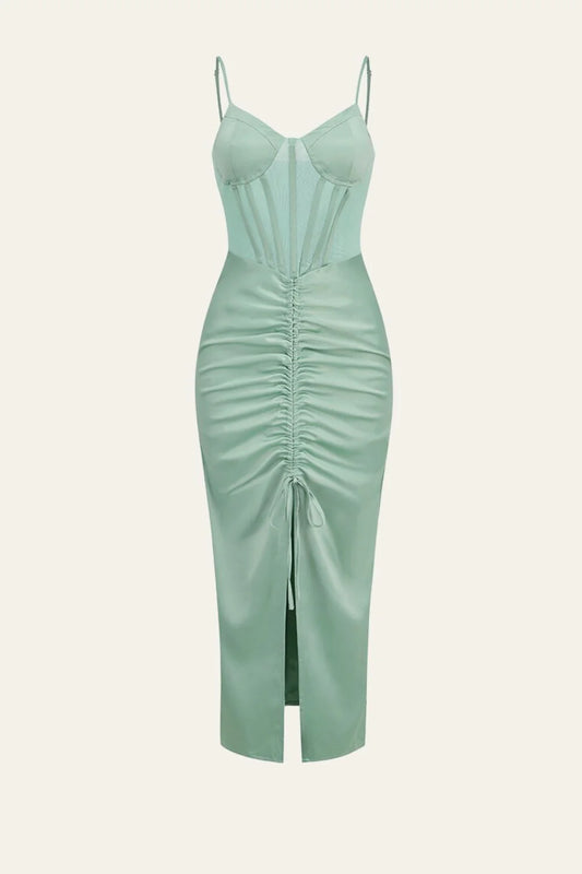 Green thin shoulder strap drawstring pleated tight fitting corset with slit Cocktail Dresses