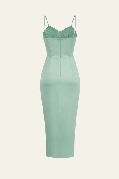 Green thin shoulder strap drawstring pleated tight fitting corset with slit Cocktail Dresses
