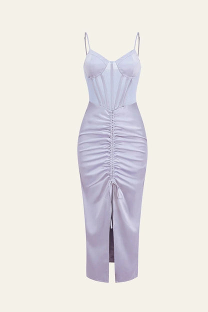 Green thin shoulder strap drawstring pleated tight fitting corset with slit Cocktail Dresses