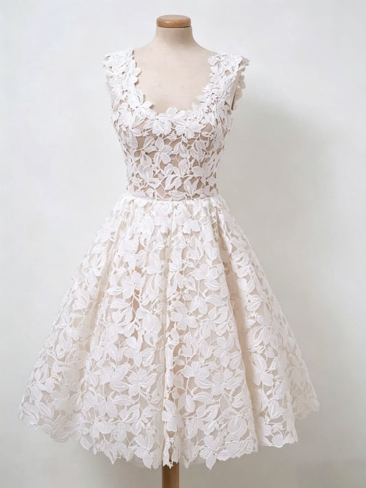Cap Sleeve 3D Floral Lace Illusion Tea Length Homecoming Dresses