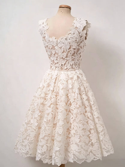 Cap Sleeve 3D Floral Lace Illusion Tea Length Homecoming Dresses