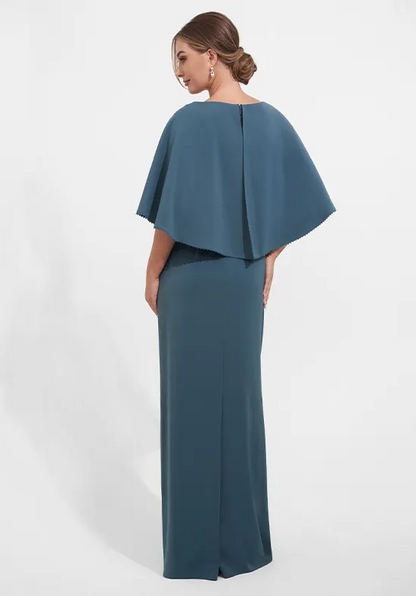 Elegant Matte Crepe Column Cape-Sleeve Beaded Floor-Length Mother of the Bride Dress