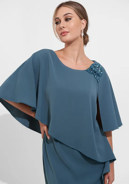 Elegant Matte Crepe Column Cape-Sleeve Beaded Floor-Length Mother of the Bride Dress