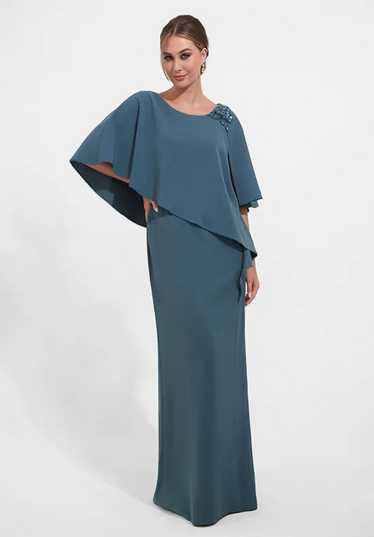 Cape-Sleeve Asymmetrical Overlay Beaded Applique Floor-Length Mother of the Bride Dresses