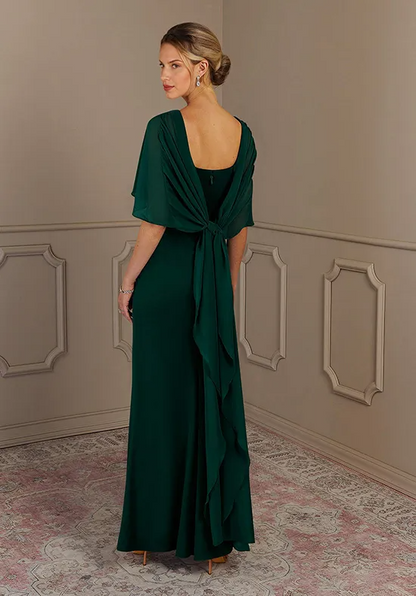 Elegant Chiffon Straight Boat Neck Capelet Back Bow Floor-Length Mother of the Bride Dress