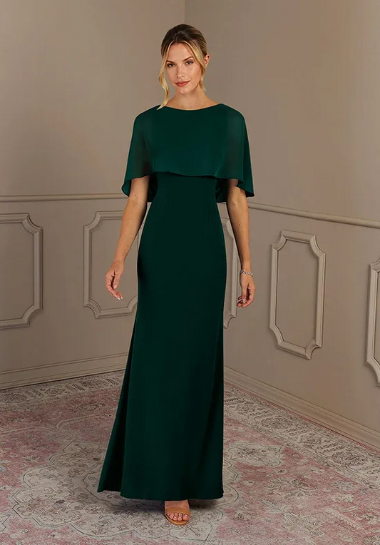 Capelet Chiffon Boat Neck Column Floor-Length Mother of the Bride Dresses with Back Bow