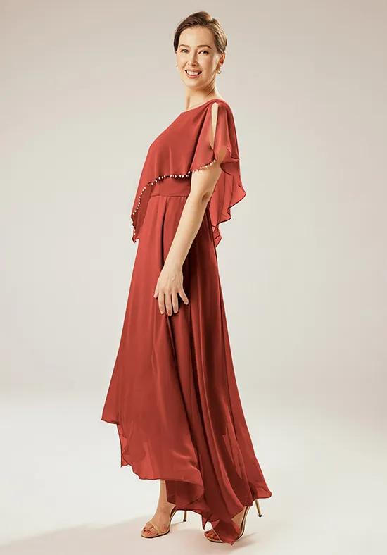 Elegant Chiffon A-Line Boat Neck Pearl Trim Asymmetrical Floor-Length Mother of the Bride Dress