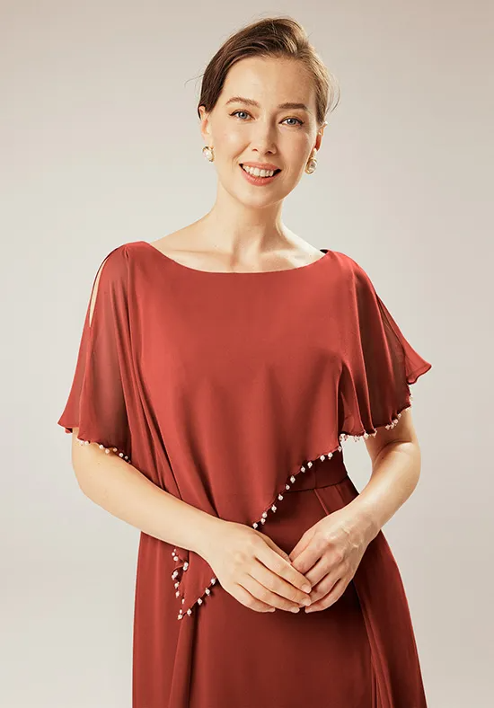 Elegant Chiffon A-Line Boat Neck Pearl Trim Asymmetrical Floor-Length Mother of the Bride Dress