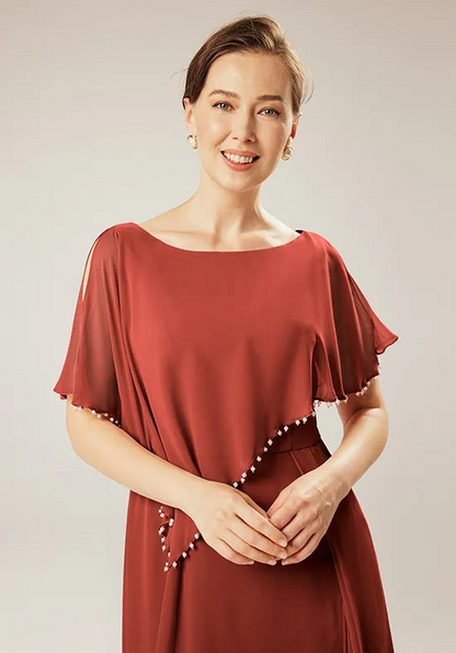 Elegant Chiffon A-Line Boat Neck Pearl Trim Asymmetrical Floor-Length Mother of the Bride Dress