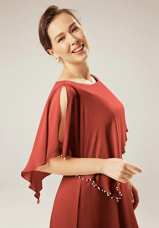 Elegant Chiffon A-Line Boat Neck Pearl Trim Asymmetrical Floor-Length Mother of the Bride Dress