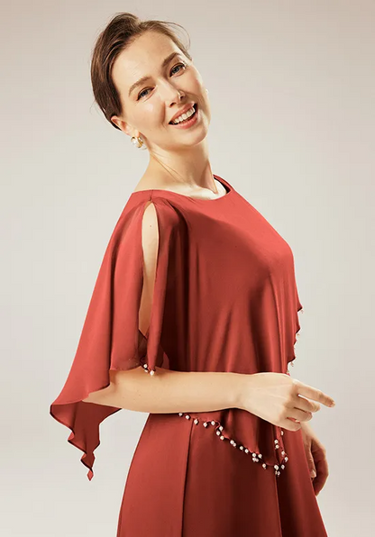 Elegant Chiffon A-Line Boat Neck Pearl Trim Asymmetrical Floor-Length Mother of the Bride Dress